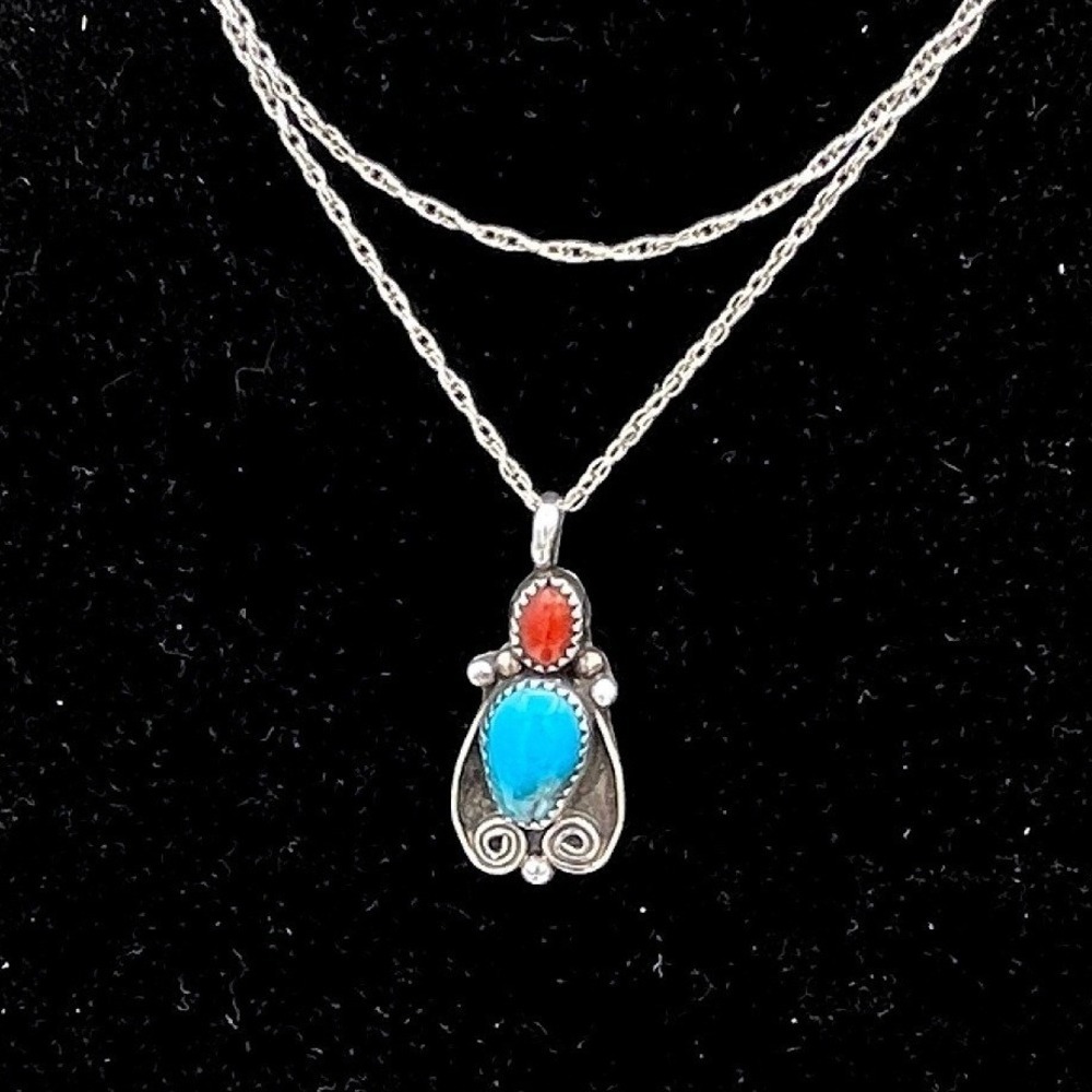 Zuni Sterling Silver Women 20in Turquoise Coral Native American Drop Necklace